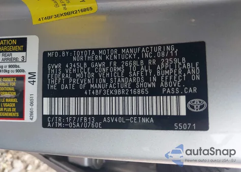 2011 Toyota Camry Le z USA, uszkodzony, nr VIN 4T4BF3EK9BR216865